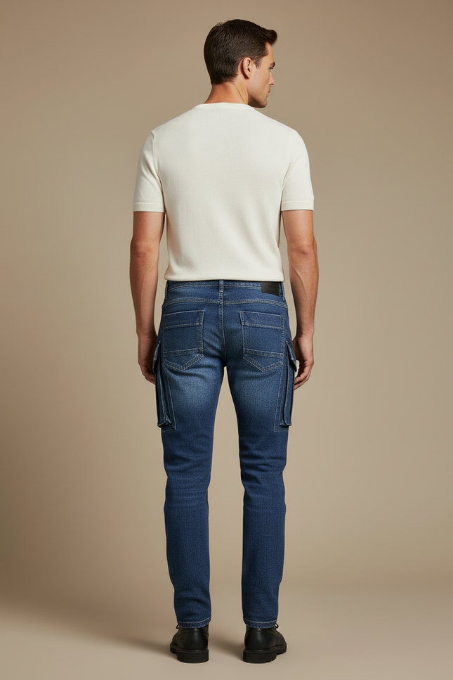 Pantalon Cargo Denim Bleu Slim Multipoches Homme - Jean - vue 2