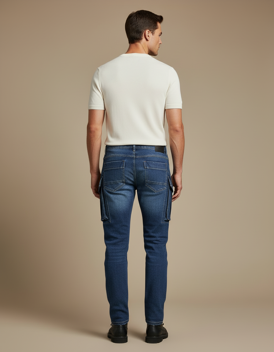 Pantalon Cargo Denim Bleu Slim Multipoches Homme - Jean - vue 2