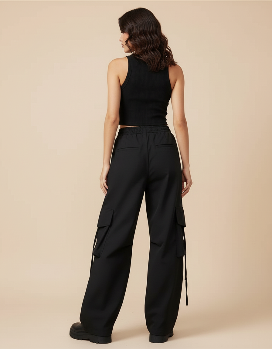 Pantalon Cargo Femme Noir Parachute - Polyester - vue 2