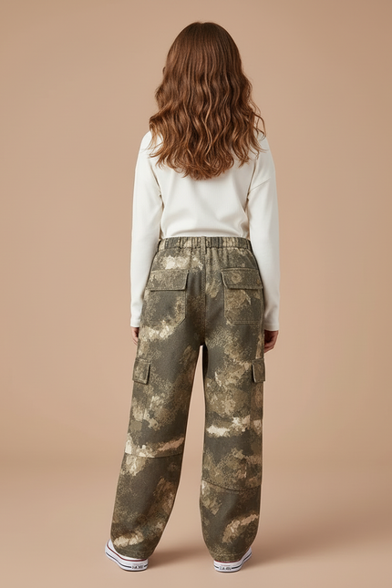 Pantalon Cargo Camouflage Ample Kaki Multipoches Fille - Toile - vue 2