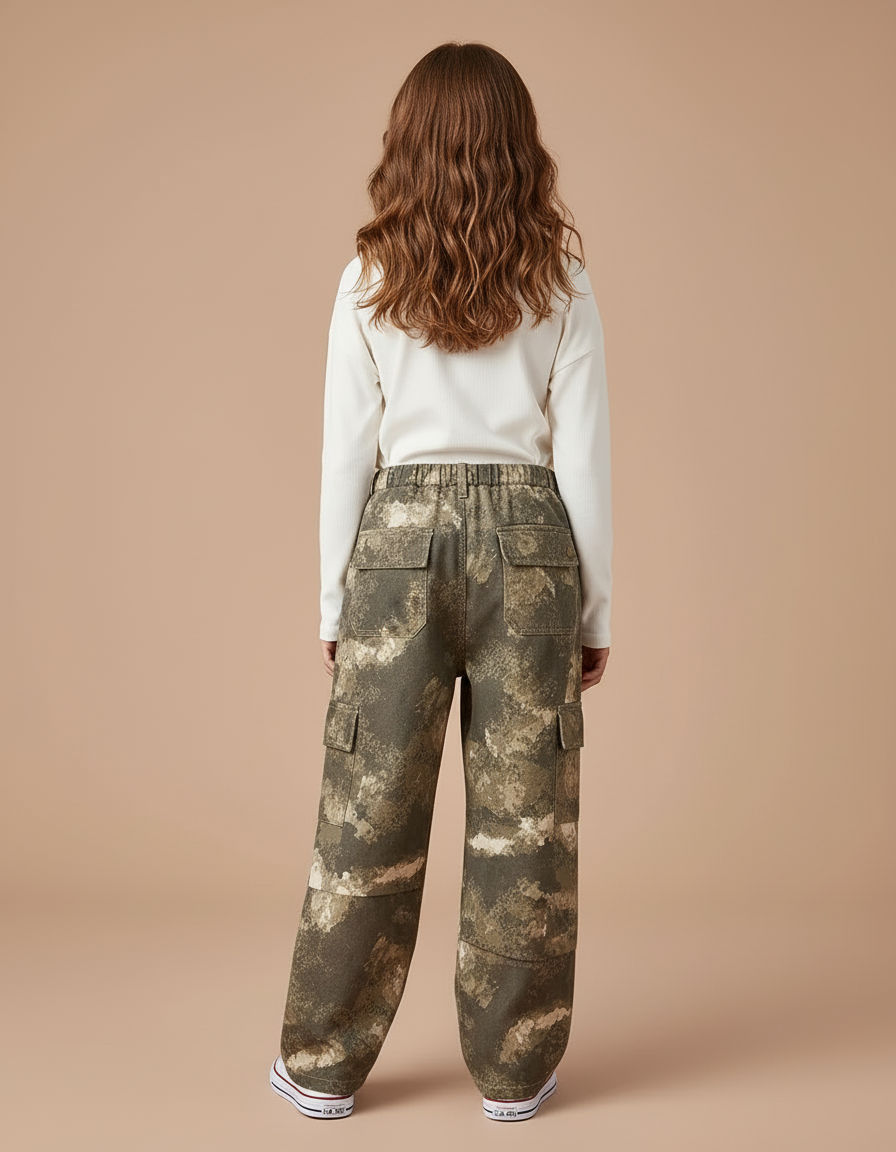 Pantalon Cargo Camouflage Ample Kaki Multipoches Fille - Toile - vue 2