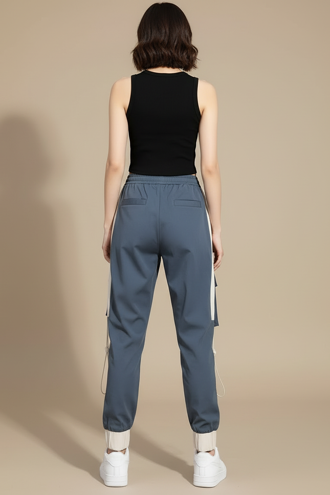Pantalon Cargo Bicolore Ample Streetwear Femme Cordon - Multicolore Polyester - vue 2