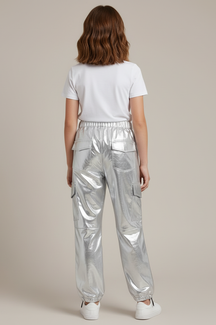 Pantalon Cargo Métallisé Argent Ample Fille Brillant - Argenté Polyester - vue 2