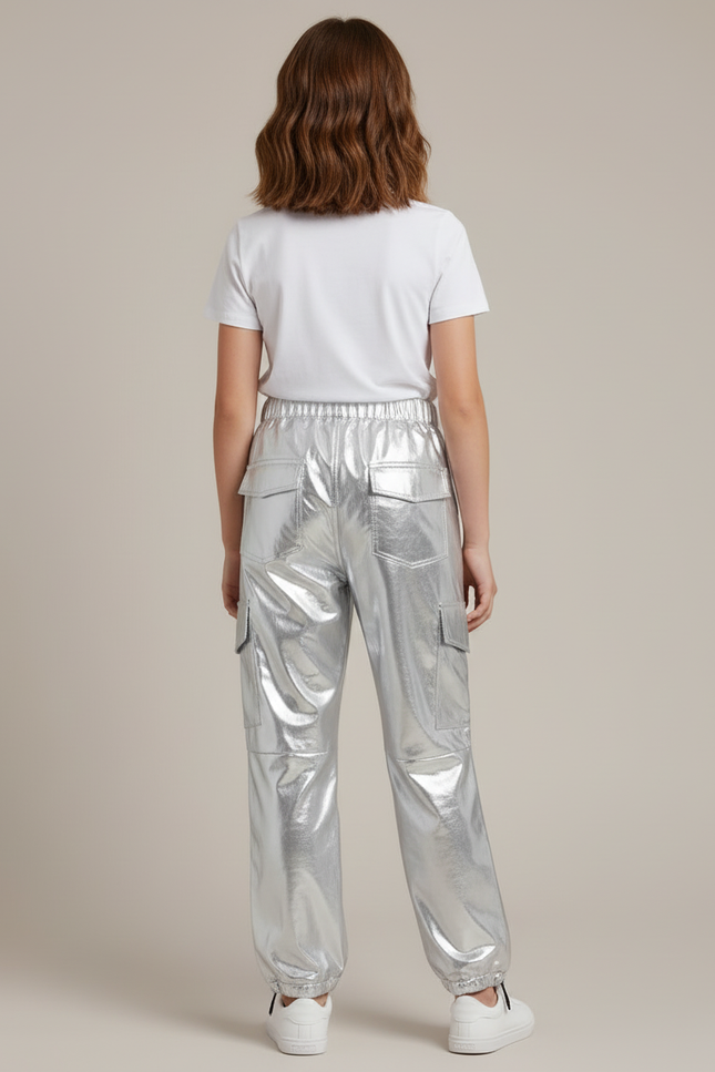 Pantalon Cargo Métallisé Argent Ample Fille Brillant - Argenté Polyester - vue 2