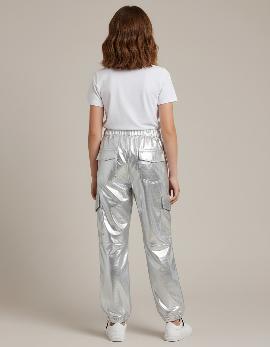 Pantalon Cargo Métallisé Argent Ample Fille Brillant - Argenté Polyester - vue 2