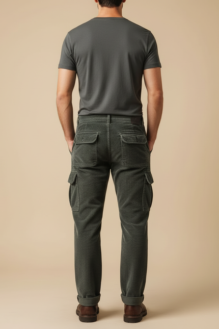Pantalon Cargo Vert Côtelé Droit Décontracté Homme - Cordé - vue 2