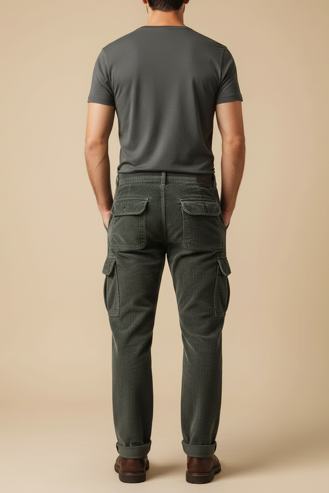 Pantalon Cargo Vert Côtelé Droit Décontracté Homme - Cordé - vue 2