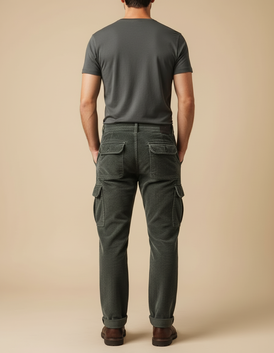 Pantalon Cargo Vert Côtelé Droit Décontracté Homme - Cordé - vue 2
