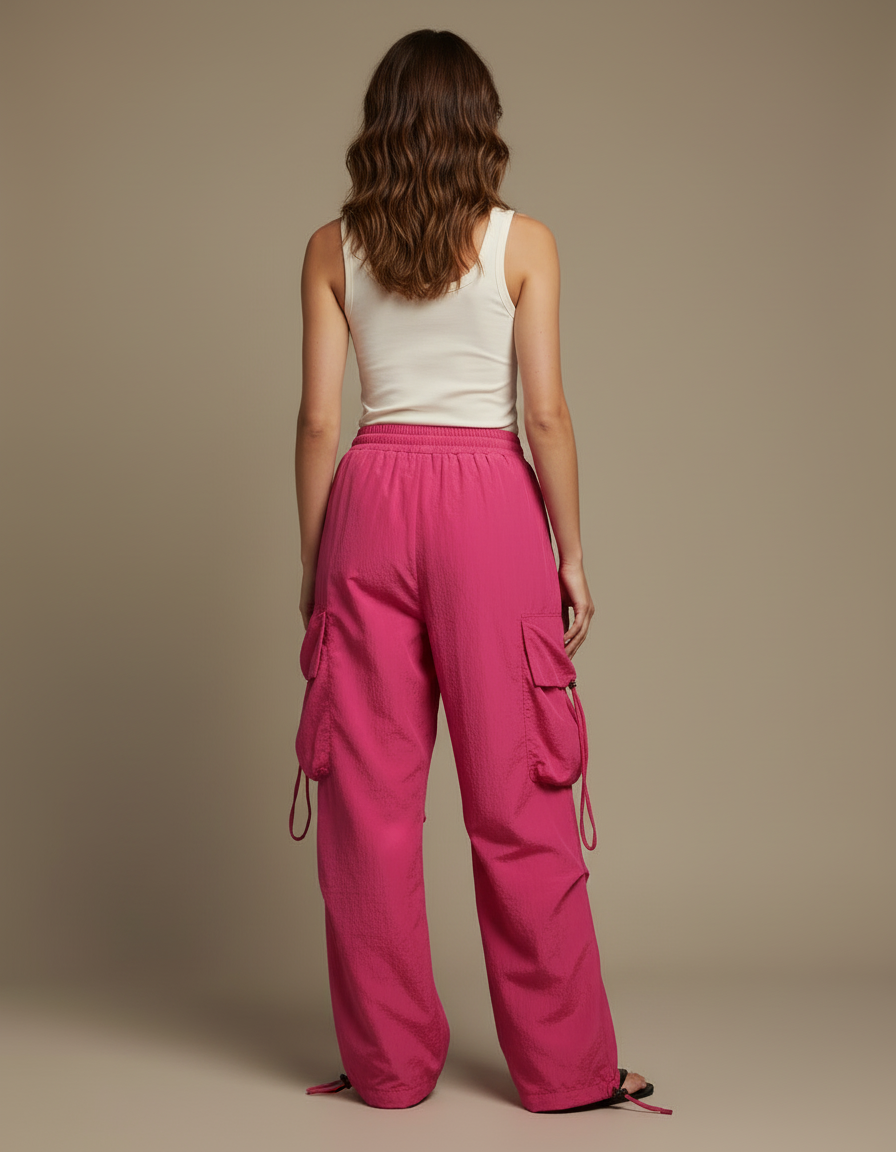 Pantalon Cargo Rose Ample Poches Femme - Polyester - vue 2
