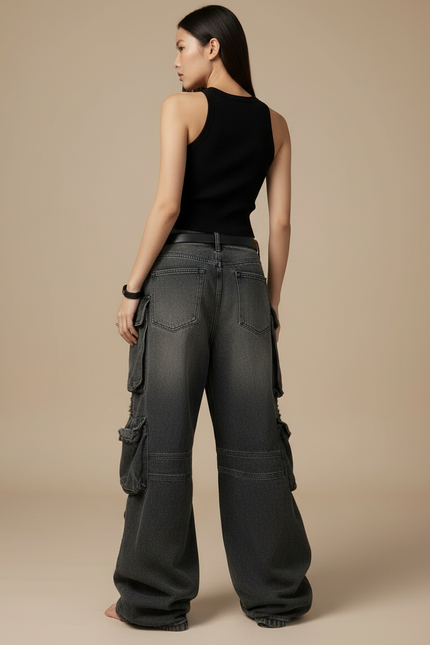 Pantalon Cargo Denim Délavé Ample Multipoches Femme - Gris Jean - vue 2