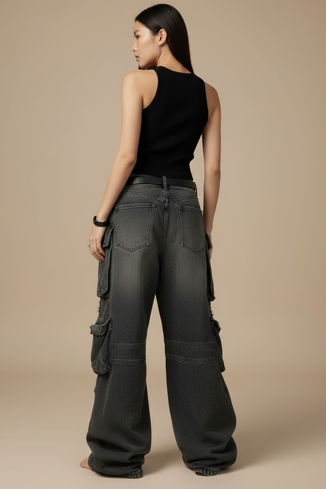 Pantalon Cargo Denim Délavé Ample Multipoches Femme - Gris Jean - vue 2