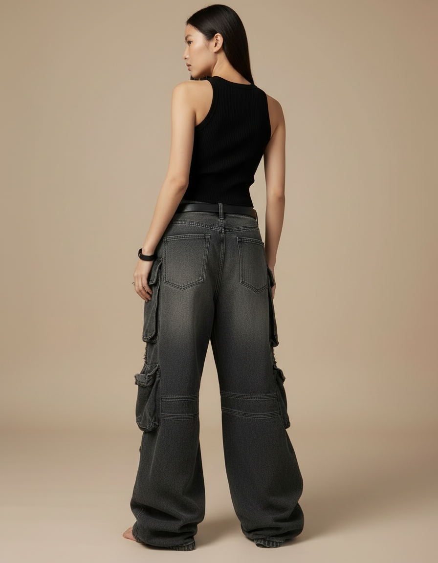 Pantalon Cargo Denim Délavé Ample Multipoches Femme - Gris Jean - vue 2