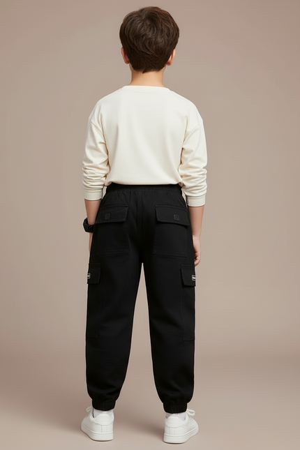 Pantalon Cargo Noir Coton Ample Poches Garçon - vue 2