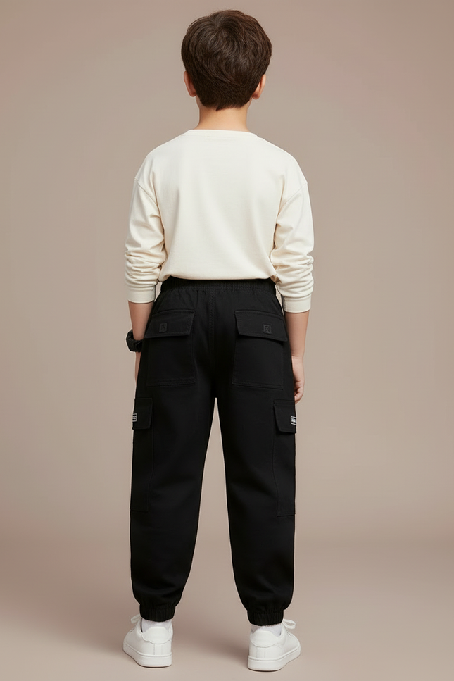 Pantalon Cargo Noir Coton Ample Poches Garçon - vue 2