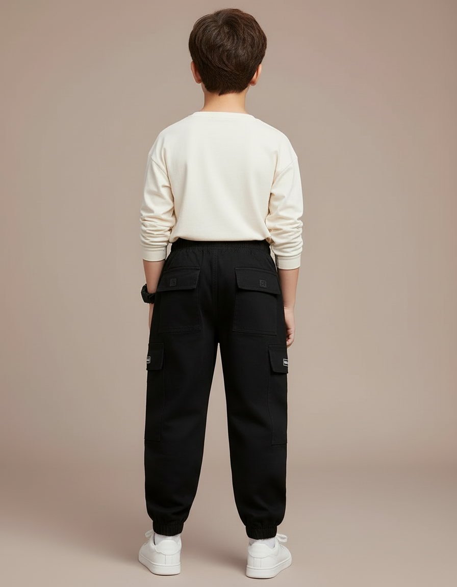 Pantalon Cargo Noir Coton Ample Poches Garçon - vue 2