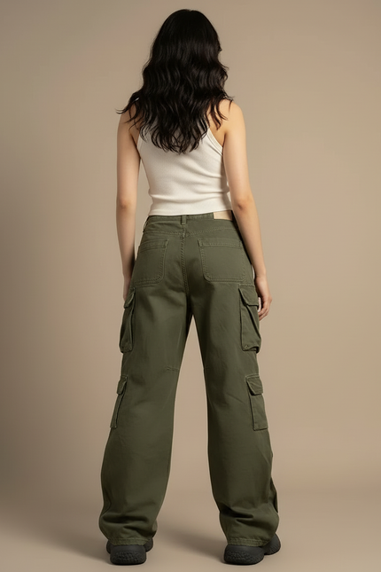 Pantalon Cargo Vert Kaki Ample Multipoches Décontracté - Toile - vue 2