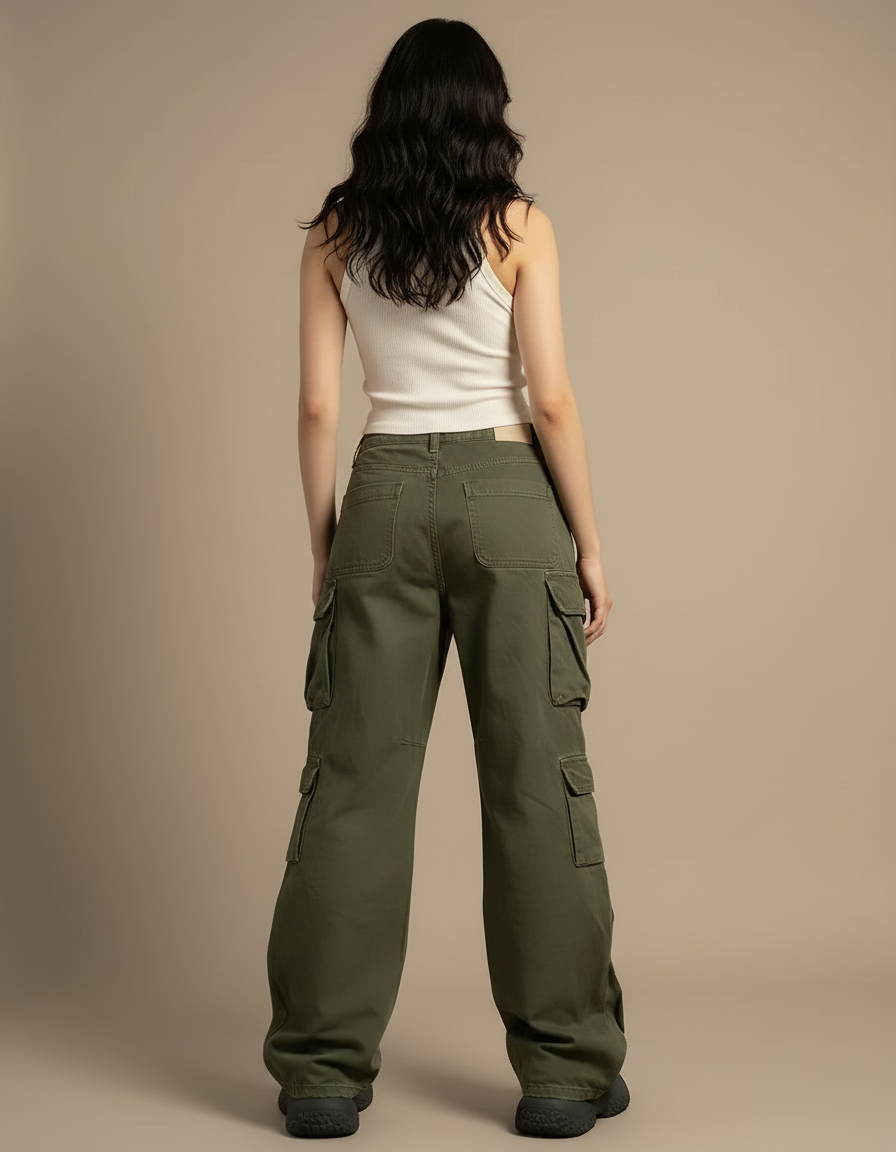 Pantalon Cargo Vert Kaki Ample Multipoches Décontracté - Toile - vue 2