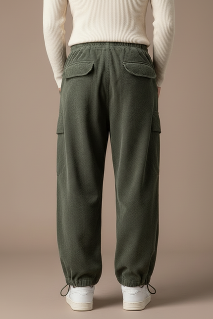 Pantalon Cargo Vert Côtelé Ample Décontracté Cordon - Cordé - vue 2