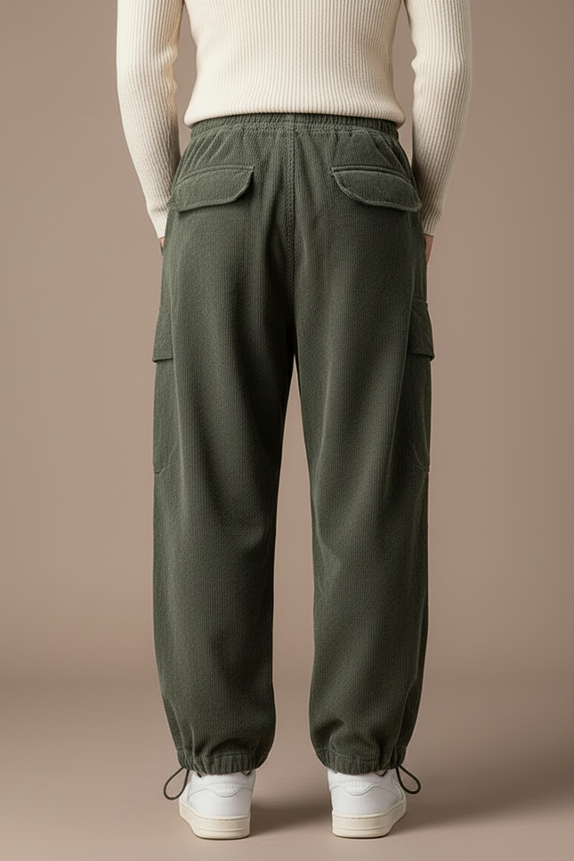 Pantalon Cargo Vert Côtelé Ample Décontracté Cordon - Cordé - vue 2