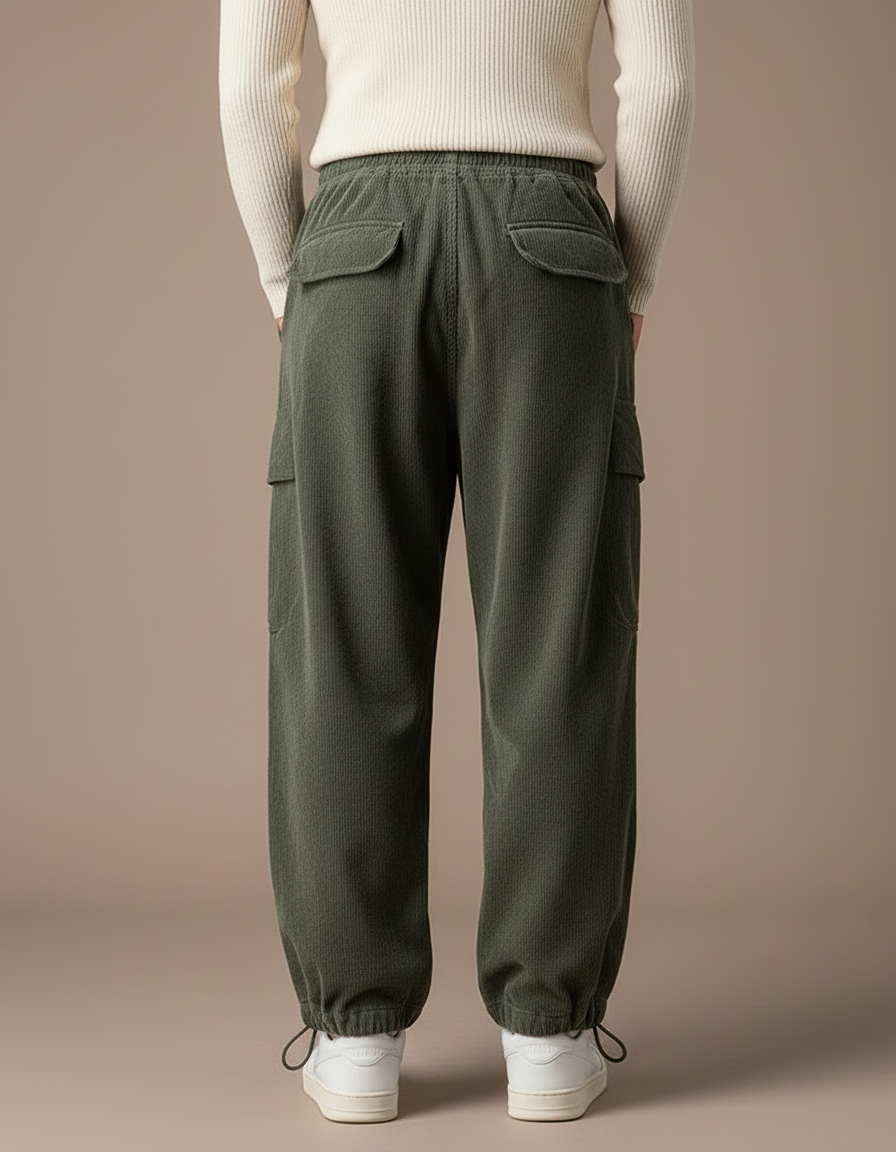 Pantalon Cargo Vert Côtelé Ample Décontracté Cordon - Cordé - vue 2