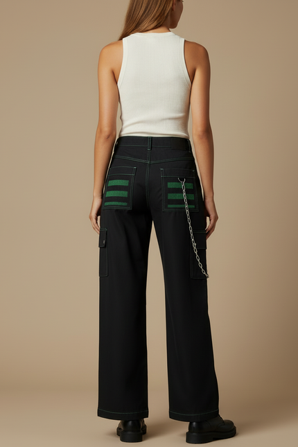 Pantalon Cargo Noir Rayures Vertes Chaînes Gothique Femme - Toile - vue 2