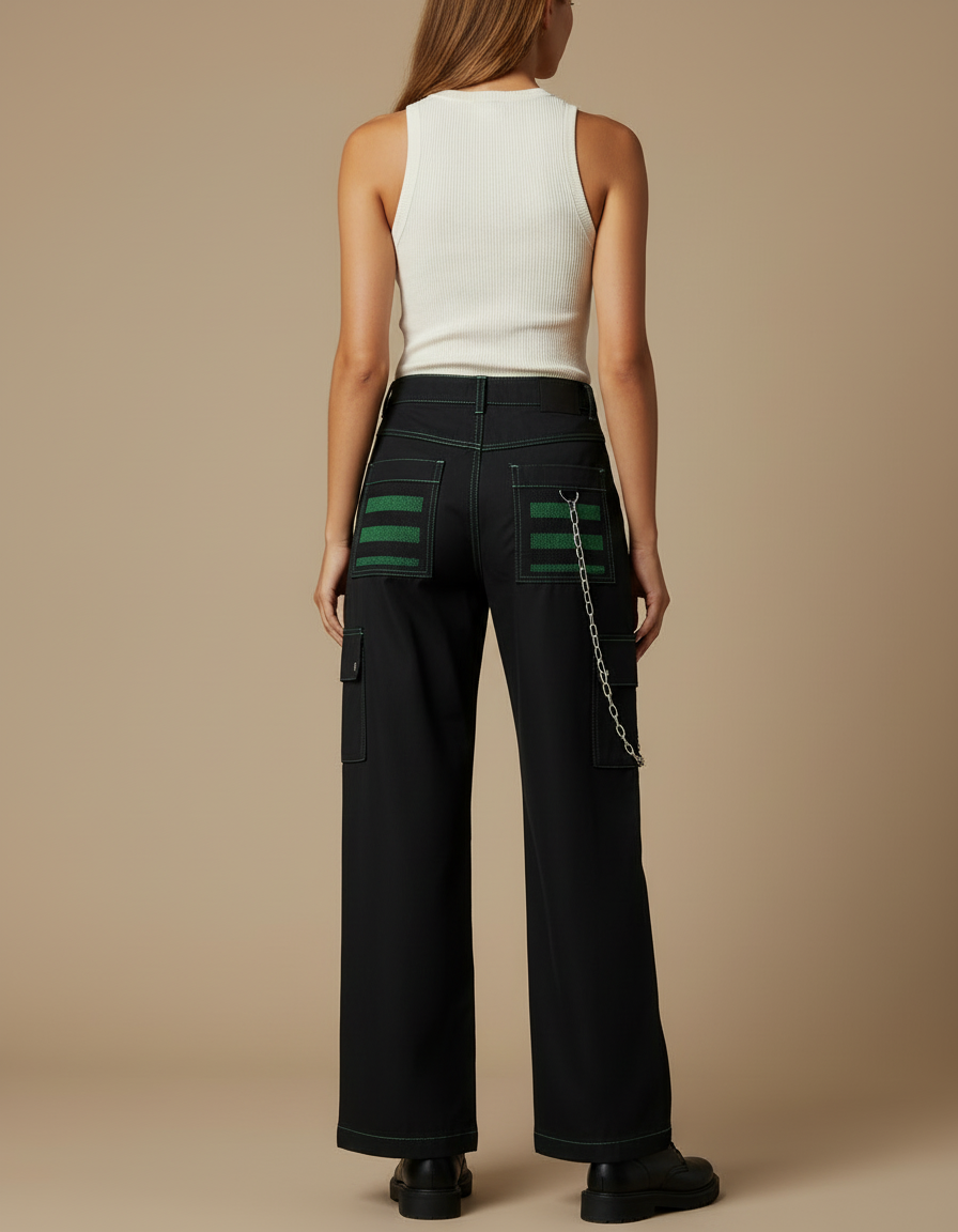 Pantalon Cargo Noir Rayures Vertes Chaînes Gothique Femme - Toile - vue 2
