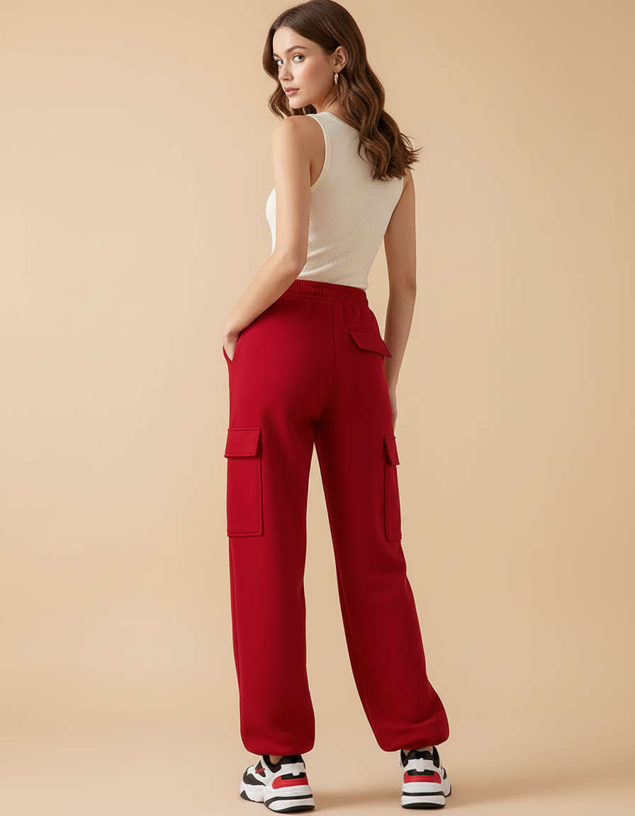 Pantalon Cargo Rouge Molletonné Ample Multipoches Décontracté - vue 2