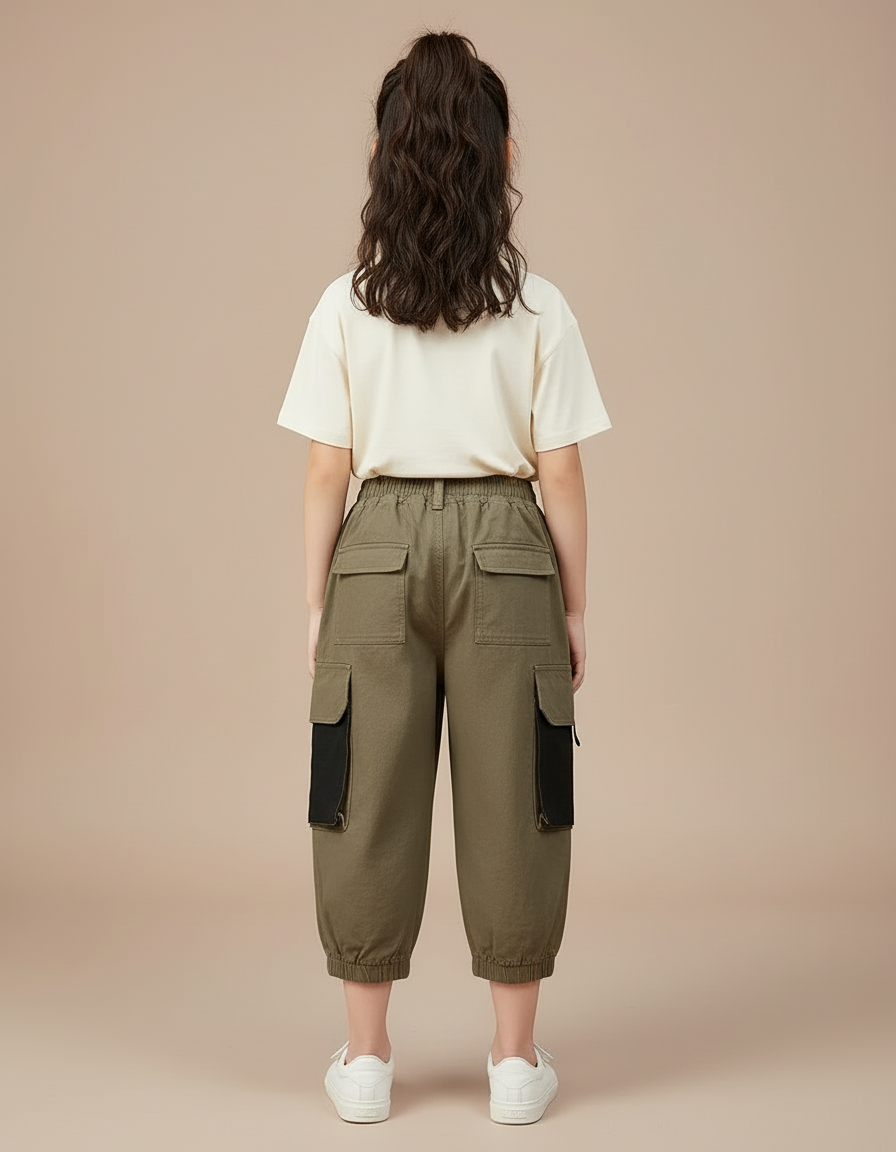 Pantalon Cargo Kaki Ample Enfant Multipoches Décontracté - Toile - vue 2