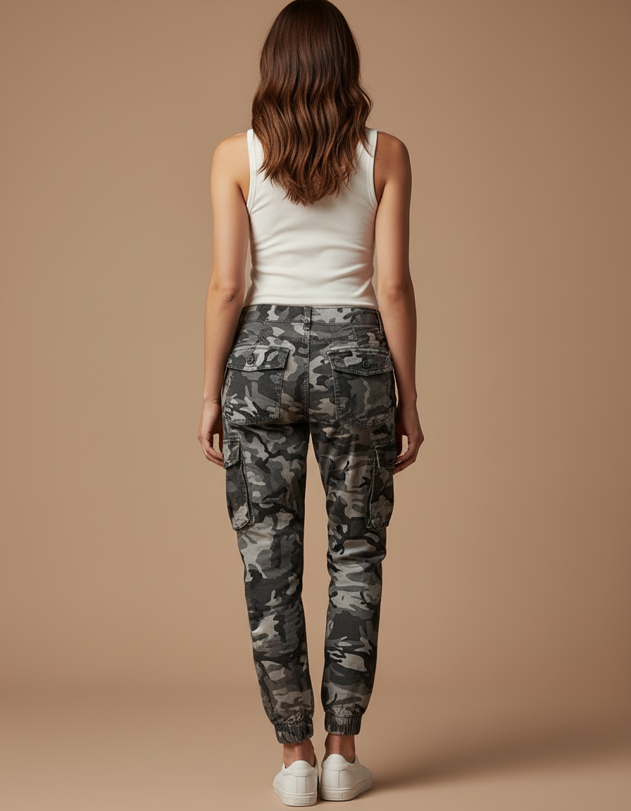 Pantalon Cargo Camouflage Gris Femme Jogger Coton - vue 2