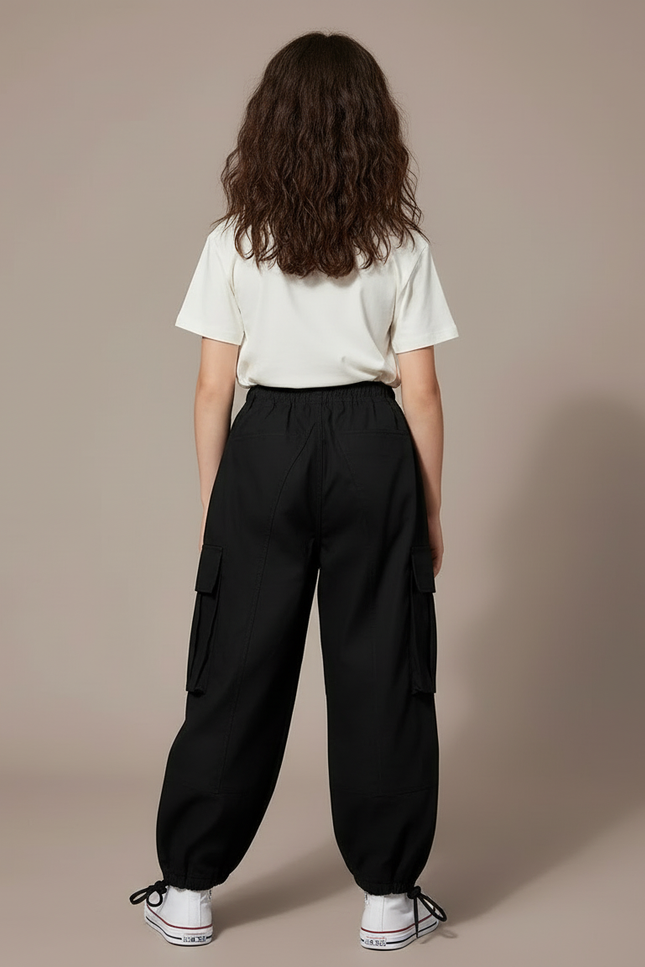 Pantalon Cargo Noir Ample Poches Fille Coton - vue 2