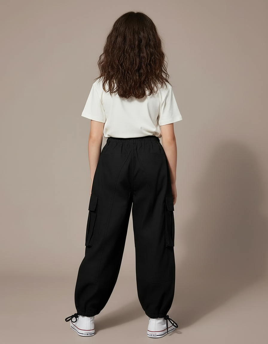 Pantalon Cargo Noir Ample Poches Fille Coton - vue 2