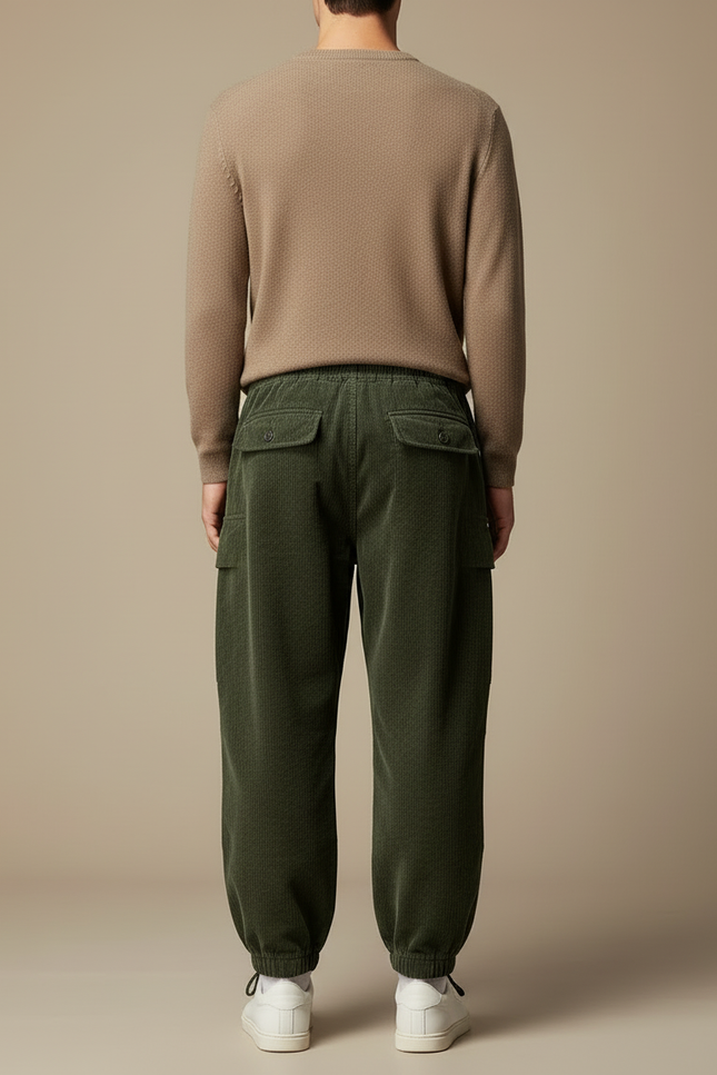 Pantalon Cargo Vert Côtelé Ample Multipoches Homme - Cordé - vue 2