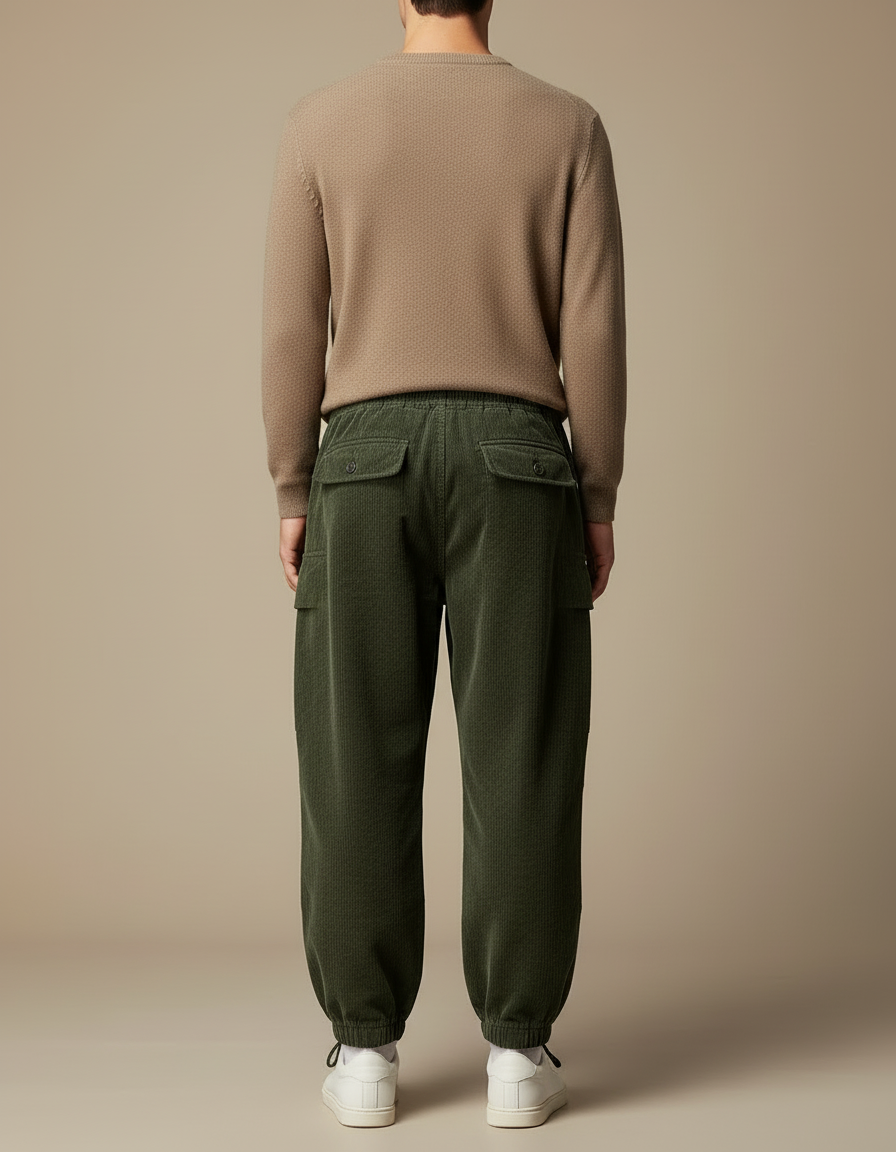 Pantalon Cargo Vert Côtelé Ample Multipoches Homme - Cordé - vue 2
