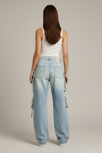 Pantalon Cargo Jean Ample Bleu Multipoches Délavé - vue 2