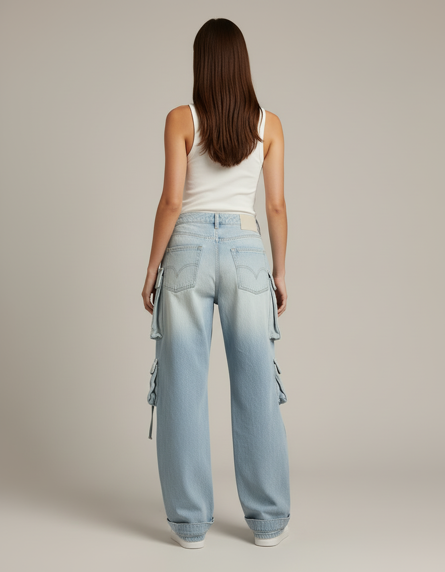 Pantalon Cargo Jean Ample Bleu Multipoches Délavé - vue 2