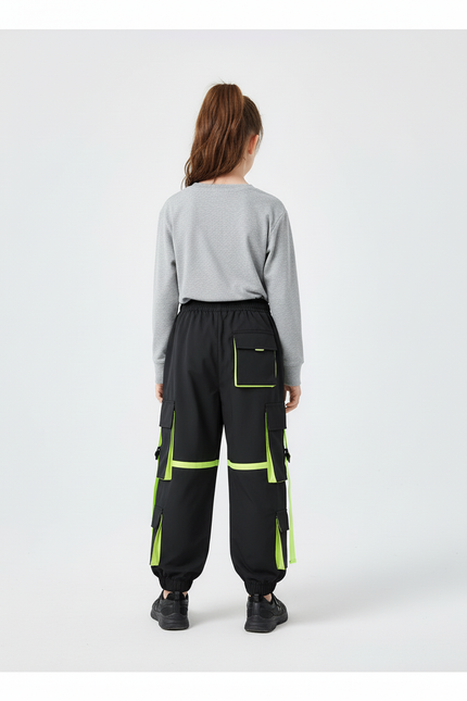 Pantalon Cargo Noir Fluorescent Ample Multipoches Enfant - Polyester - vue 2
