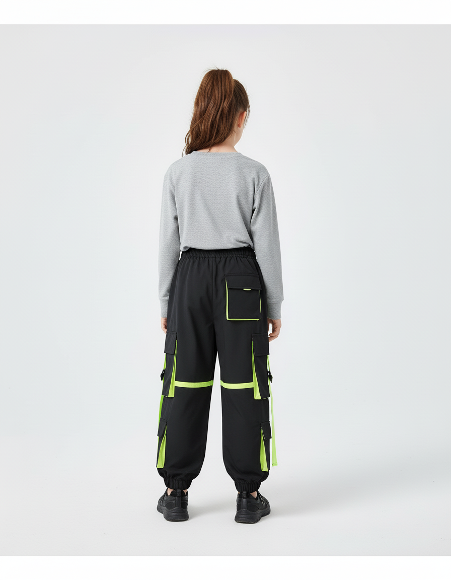 Pantalon Cargo Noir Fluorescent Ample Multipoches Enfant - Polyester - vue 2