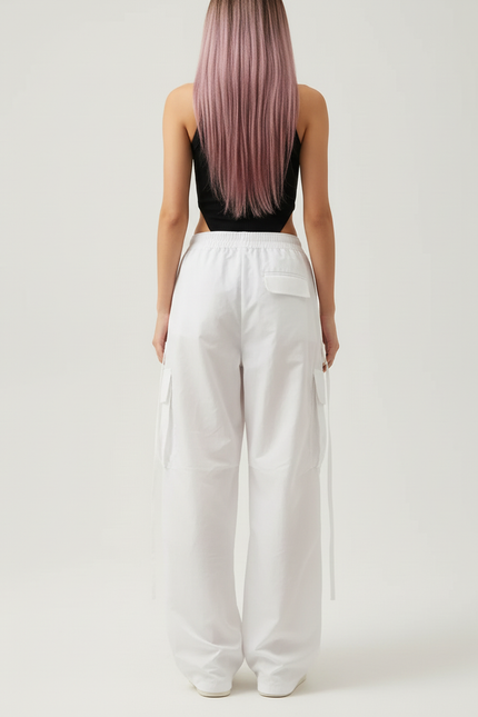Pantalon Cargo Blanc Ample Brodé Streetwear Femme - Toile - vue 2