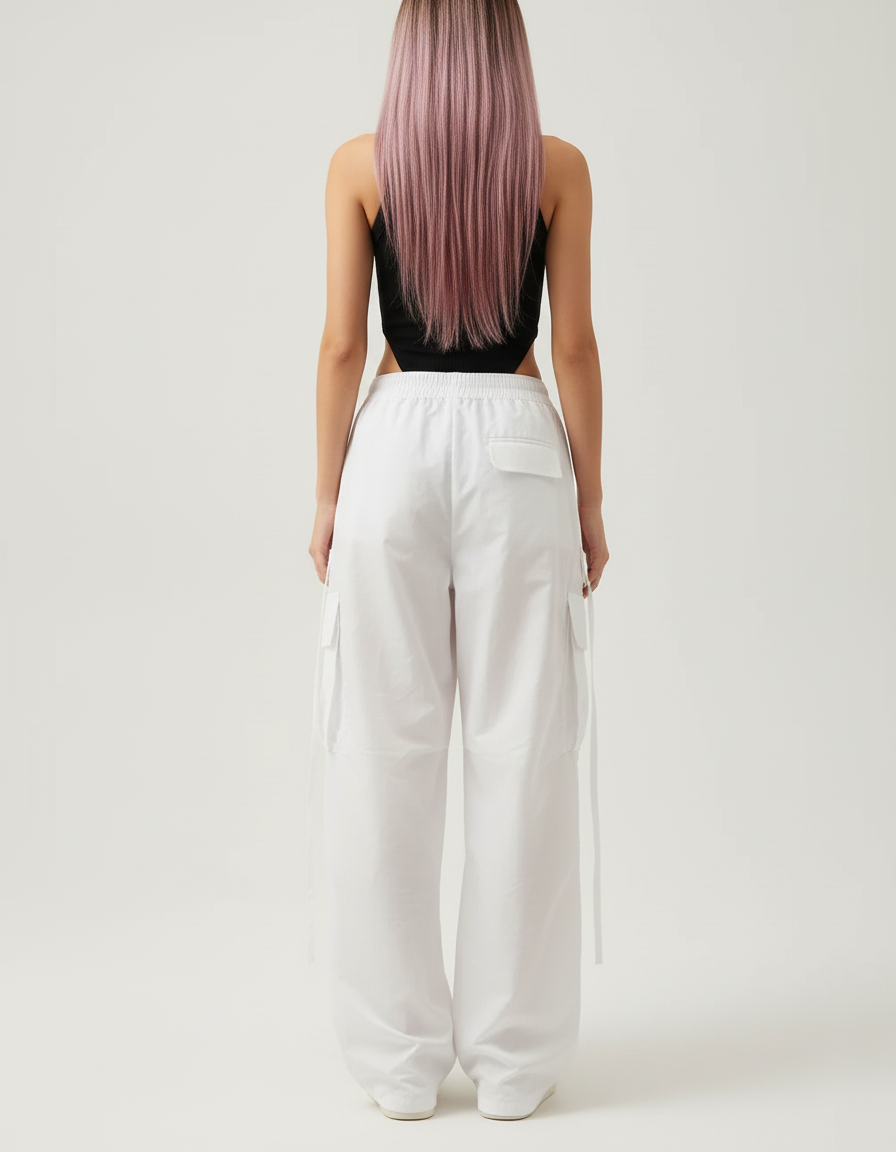 Pantalon Cargo Blanc Ample Brodé Streetwear Femme - Toile - vue 2