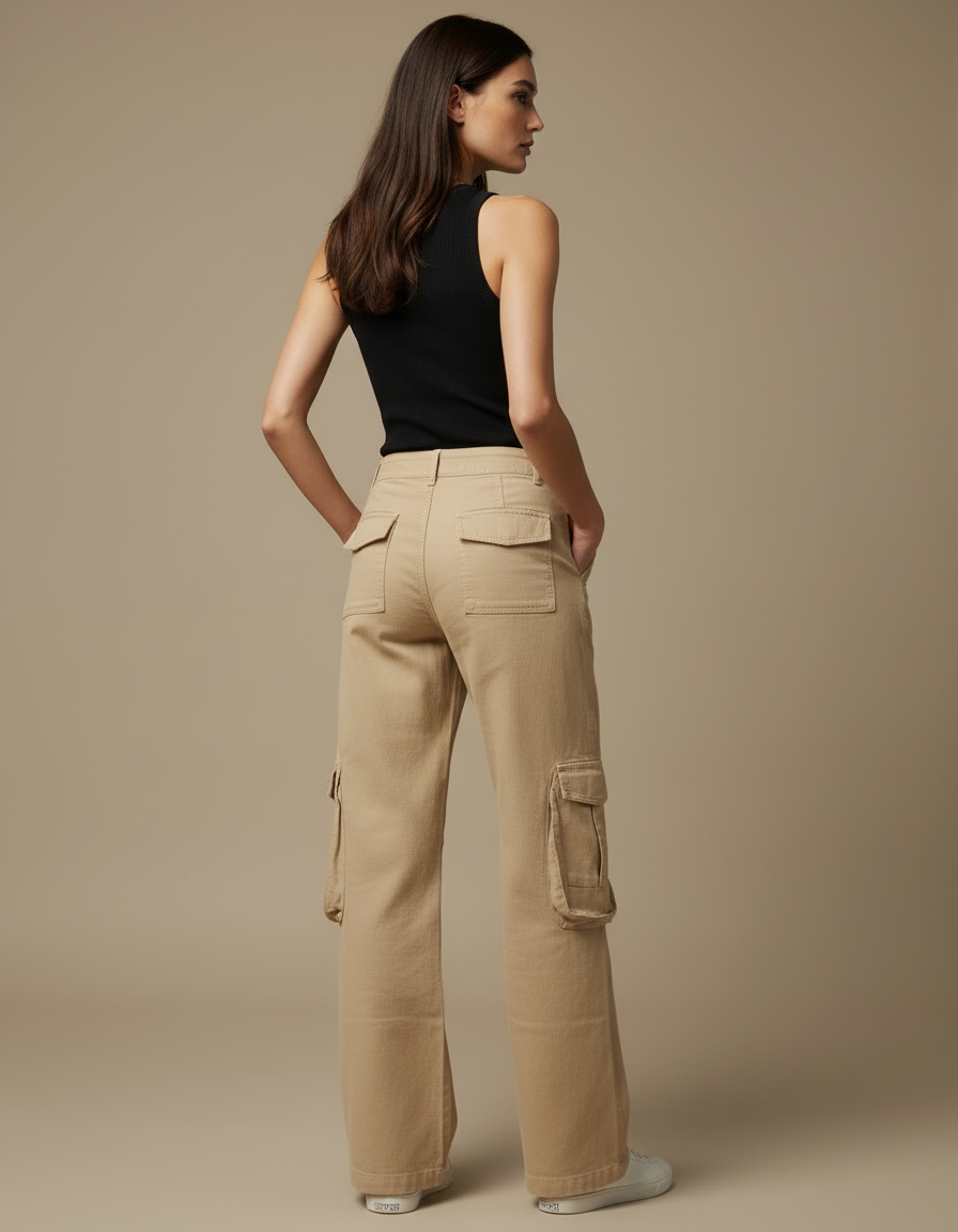 Pantalon Cargo Beige Ample Femme Chic Décontracté - Gabardine - vue 2