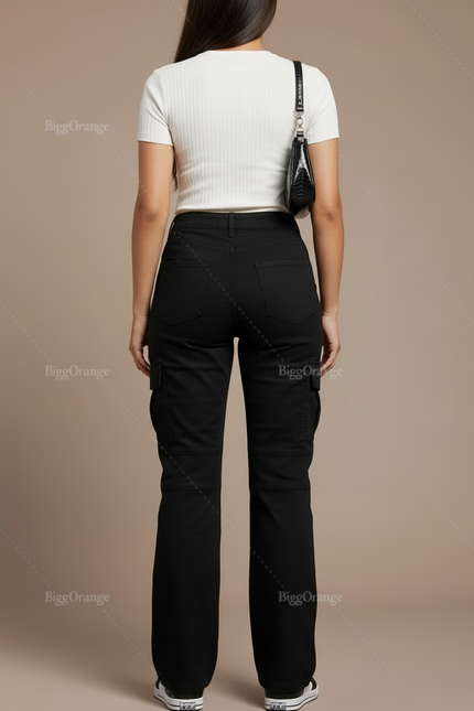 Pantalon Cargo Noir Droit, Multipoches, Décontracté - Coton - vue 2