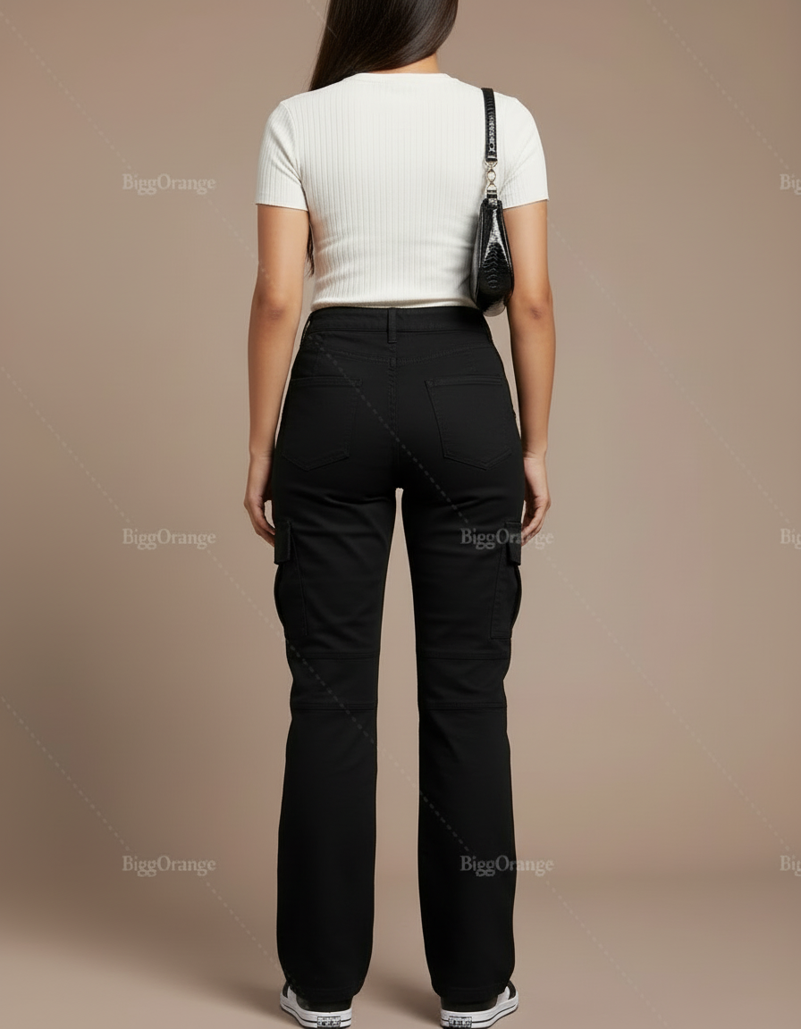 Pantalon Cargo Noir Droit, Multipoches, Décontracté - Coton - vue 2