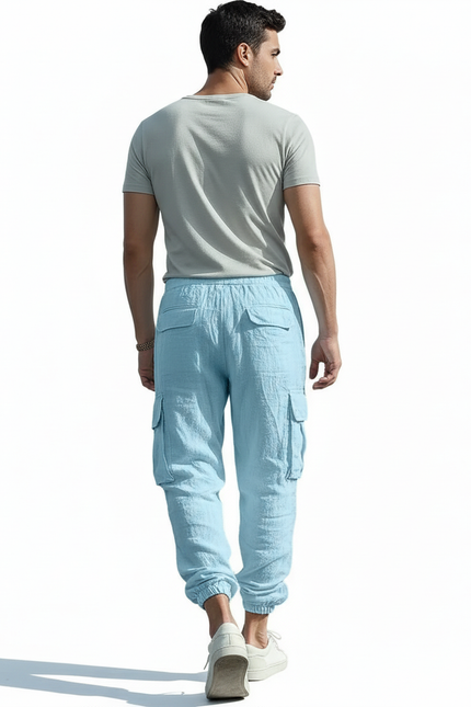 Pantalon Cargo Bleu Clair Lin Décontracté Multipoches Homme - vue 2
