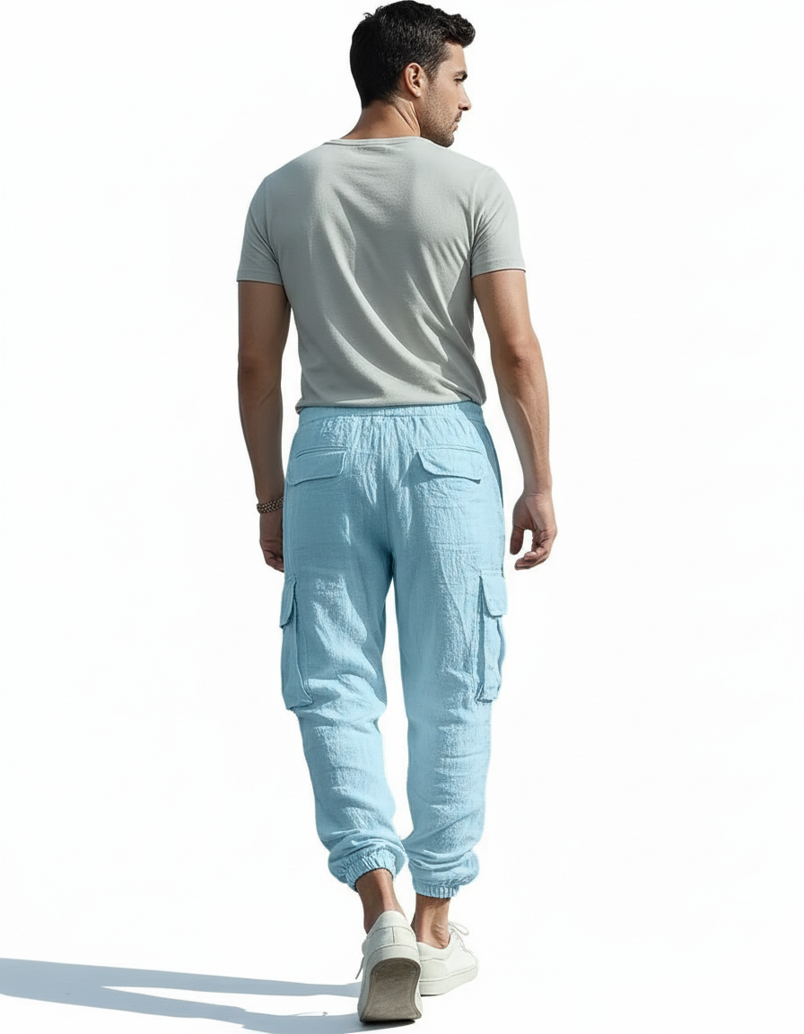 Pantalon Cargo Bleu Clair Lin Décontracté Multipoches Homme - vue 2