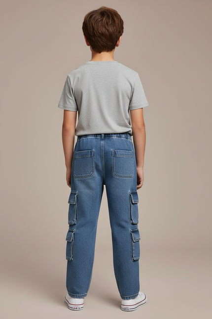 Pantalon Cargo Denim Bleu Ample Garçon Poches Multiples - Jean - vue 2