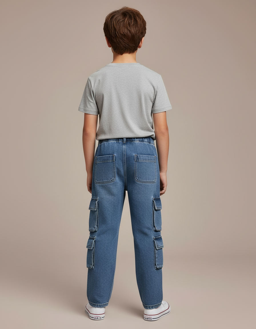 Pantalon Cargo Denim Bleu Ample Garçon Poches Multiples - Jean - vue 2