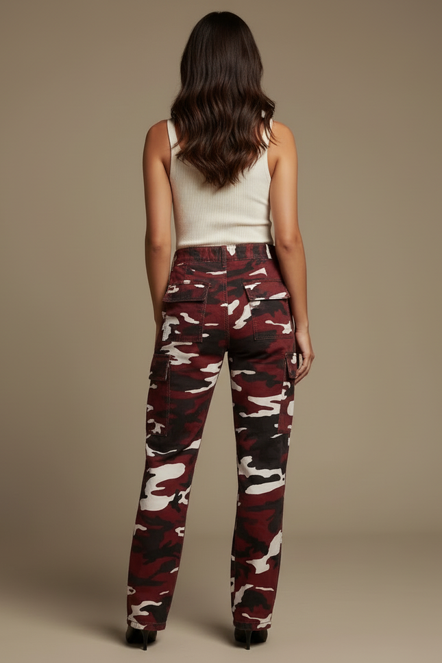 Pantalon Cargo Camouflage Rouge Ample Femme Poches - Bordeaux Toile - vue 2