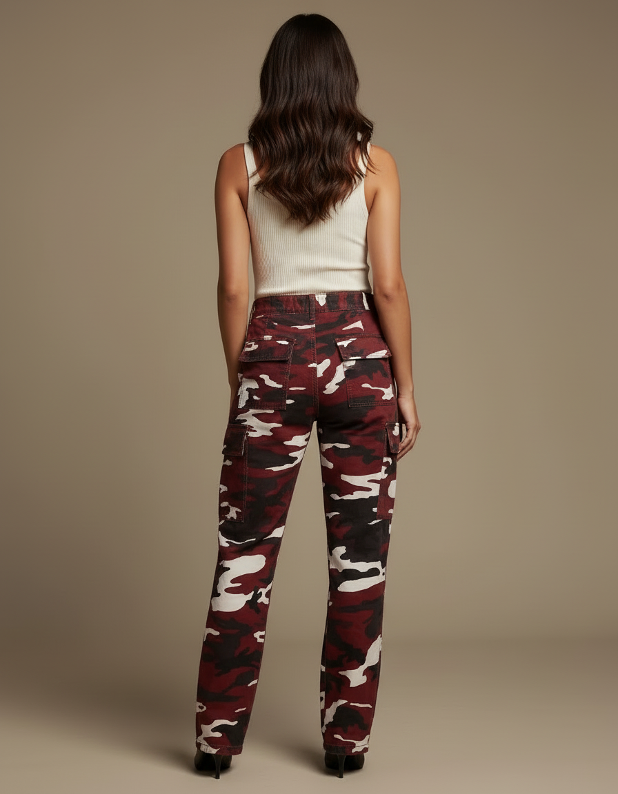 Pantalon Cargo Camouflage Rouge Ample Femme Poches - Bordeaux Toile - vue 2
