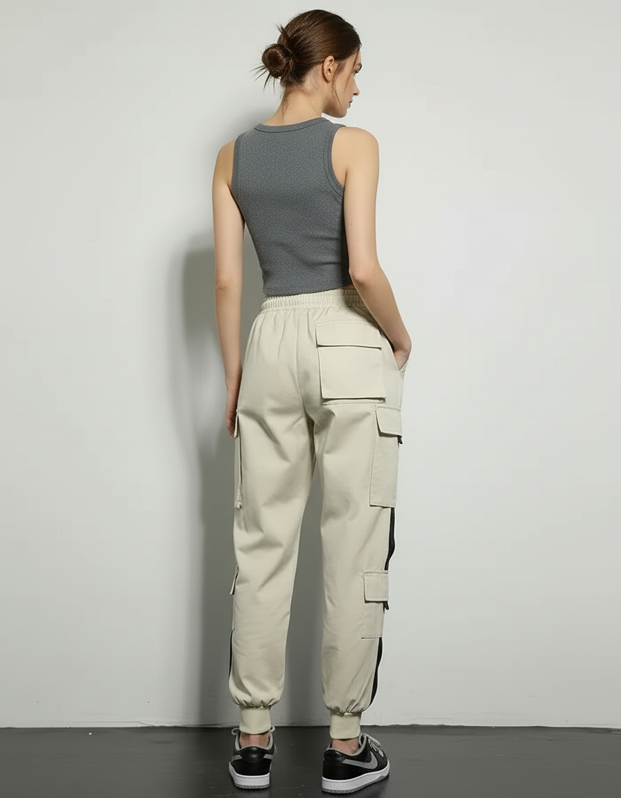 Pantalon Cargo Beige Ample Coton Casual Streetwear Femme - vue 2