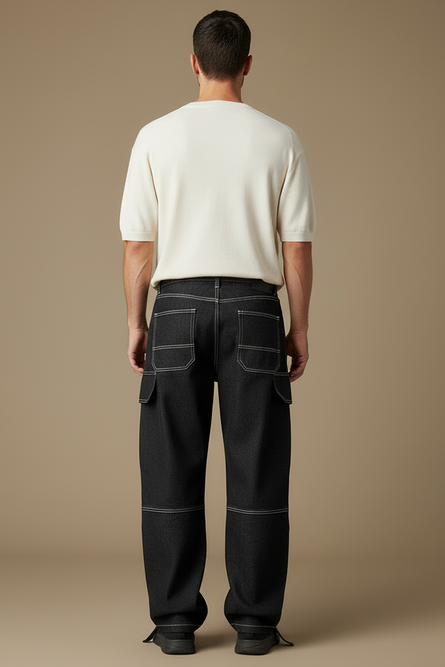 Pantalon Cargo Noir Denim Ample Coutures Blanches Homme - Jean - vue 2